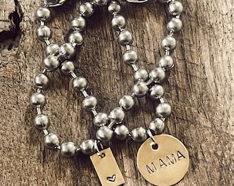 Chunky Stainless Steel Bracelet with a Hand Stamped MAMA tag Bracelet and Heart Tag - Brass