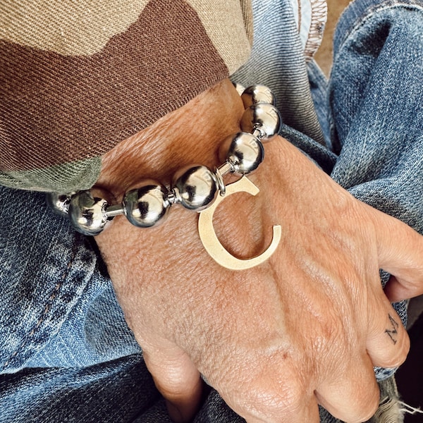 Extra Large Stainless Steel Polished Ball Chain Brass Letter Charm Bracelet