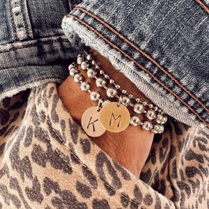 Chunky Stainless Steel Bracelet with a Hand Stamped Initial Coin Brass Charm Mother Day Gift