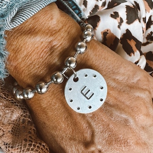 Stainless Steel Ball Chain Bracelet with a Hand Stamped Aluminum Initial Tag