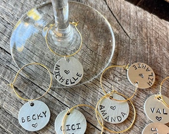 Hand Stamped Personalized Wine Glass Tags - Party Tags - Wine Night