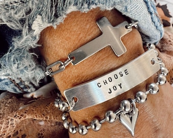 Hand Stamped Custom Set CHOOSE Joy, Heart Charm and Cross Bracelet - Happy Mail - Reminder  - Favorite
