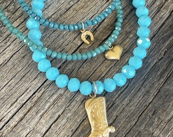 Turquoise Trio Beaded Bracelet with Brass Charms, Cowboy Boot - Tiny Horse shoe - and a puffy cute heart