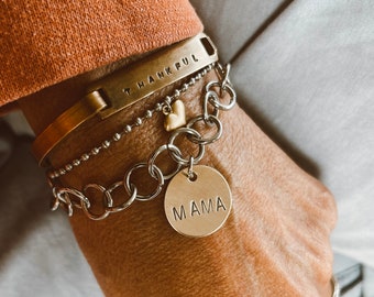 Hand Stamped Mama Brass Charm Bracelet Stainless Steel Chain - Mothers Day gift - Best Mom Ever