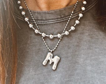 NEW - Stainless Steel Initial Necklace w/ our Chunky Stainless Steel Ball Chain Necklace - Set - Waterproof - Best Gift - 2 in 1 Set