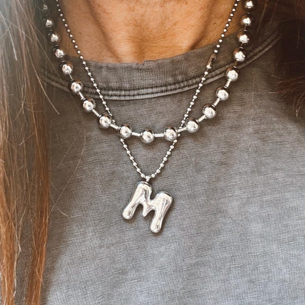 All Stainless Steel Set - Initial Charm - 2 Necklaces