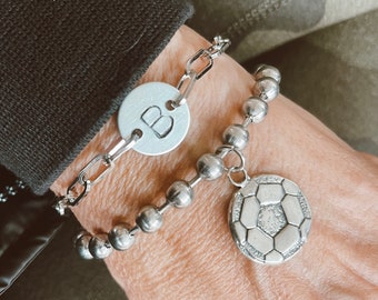 Soccer Mom Bracelet - Sterling Silver Soccer Ball Charm - with Initial Charm Bracelet