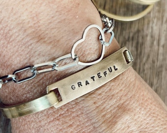 Personalized Custom Brass Grateful Cuff and Open Heart Bracelet