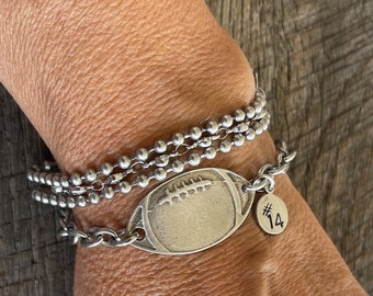 Sterling Silver Football Bracelet with Number Hand Stamped Hang Tag