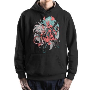 May include: Black hooded sweatshirt featuring a colorful graphic of two anime-style demon characters with horns, wings, and tails. The artwork includes shades of red, blue, and white, set against a gray and black background. The sweatshirt has a front pocket and a drawstring hood.