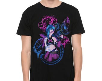 May include: Black t-shirt featuring a graphic print of a female character with pink and blue hair holding a weapon. The character is surrounded by a blue and purple design.