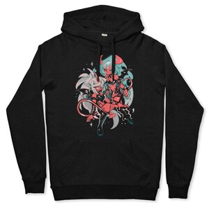May include: Black hoodie featuring a colorful graphic of two anime-style characters with horns, tails, and wings. The artwork includes shades of red, white, and blue, with a detailed design. The hoodie has a front pocket and a hood.