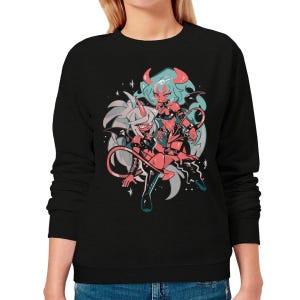 May include: Black sweatshirt featuring a colorful anime-style illustration of two female characters with horns, wings, and devilish attire. The artwork includes red, pink, and teal accents, set against a white background with star details.