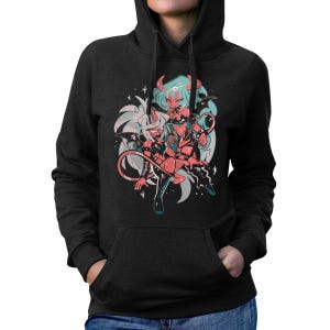 May include: Dark gray hoodie featuring a graphic of two anime-style characters with horns, tails, and wings. The characters are in red and white, with a light blue background. The hoodie has a front pocket and a drawstring hood.