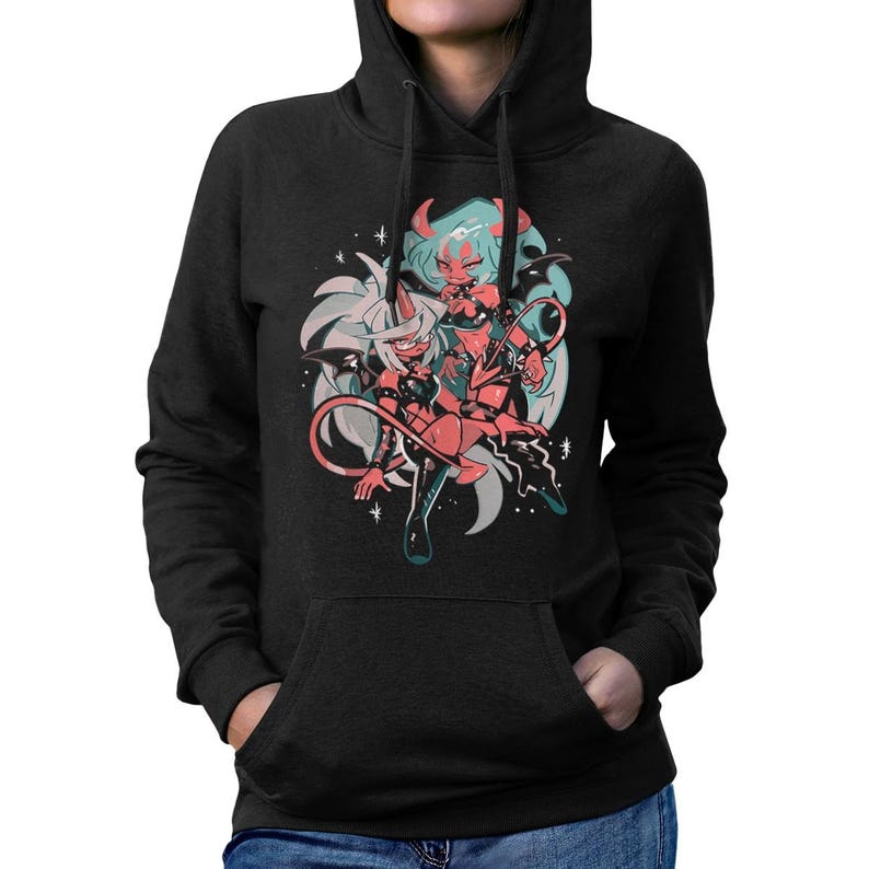 May include: Dark gray hoodie featuring a graphic of two anime-style characters with horns, tails, and wings. The characters are in red and white, with a light blue background. The hoodie has a front pocket and a drawstring hood.