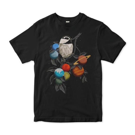 T-shirt con uccelli e pianeti, taglie da uomo e da donna Italia
