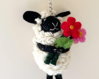 Felt Sheep Keychain with Flowers: Needle Felted Wool Ornament