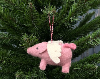 Needle Felted Flying Pig Ornament: Handmade Wool Christmas Decoration