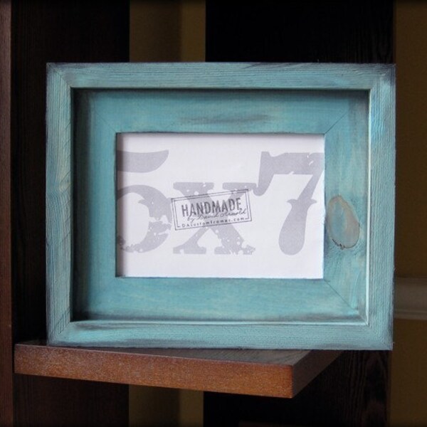 5x7 turquoise rustic stacked pine picture frame . handmade .