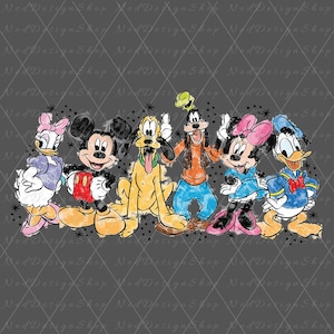 Puede incluir: Ilustraci&oacute;n al estilo acuarela con los personajes de Disney: Daisy, Mickey Mouse, Pluto, Goofy, Minnie Mouse y Donald Duck. Los personajes est&aacute;n representados con sus atuendos cl&aacute;sicos, sobre un fondo gris y el texto "Ned Design Shop".