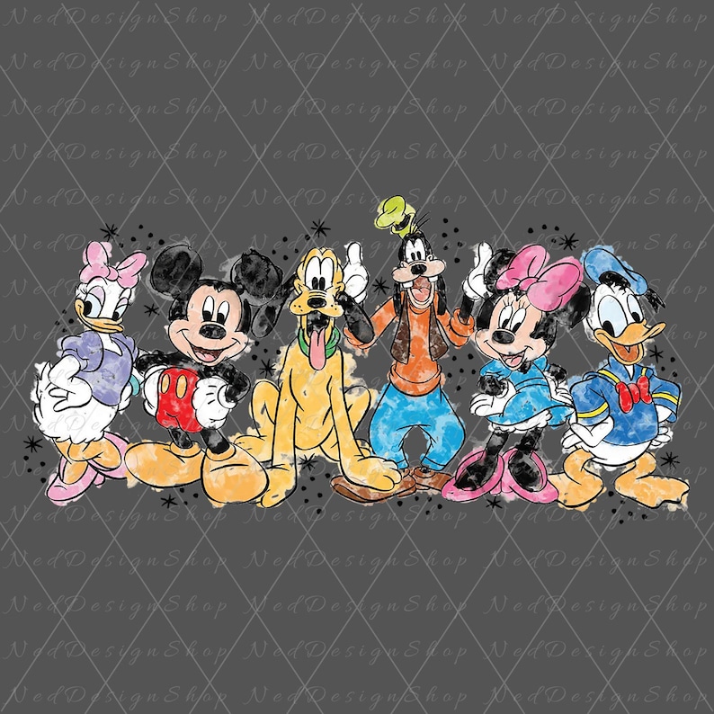 Puede incluir: Ilustraci&oacute;n al estilo acuarela con los personajes de Disney: Daisy, Mickey Mouse, Pluto, Goofy, Minnie Mouse y Donald Duck. Los personajes est&aacute;n representados con sus atuendos cl&aacute;sicos, sobre un fondo gris y el texto "Ned Design Shop".
