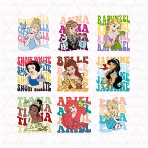 Könnte beinhalten: Neun bunte Quadrate mit jeweils einer anderen Disney-Prinzessin. Jede Prinzessin ist von einem sich wiederholenden Text ihres Namens in einer Retro-Schrift umgeben. Die Prinzessinnen sind Cinderella, Anna, Rapunzel, Schneewittchen, Belle, Jasmin, Tiana, Arielle und Elsa.
