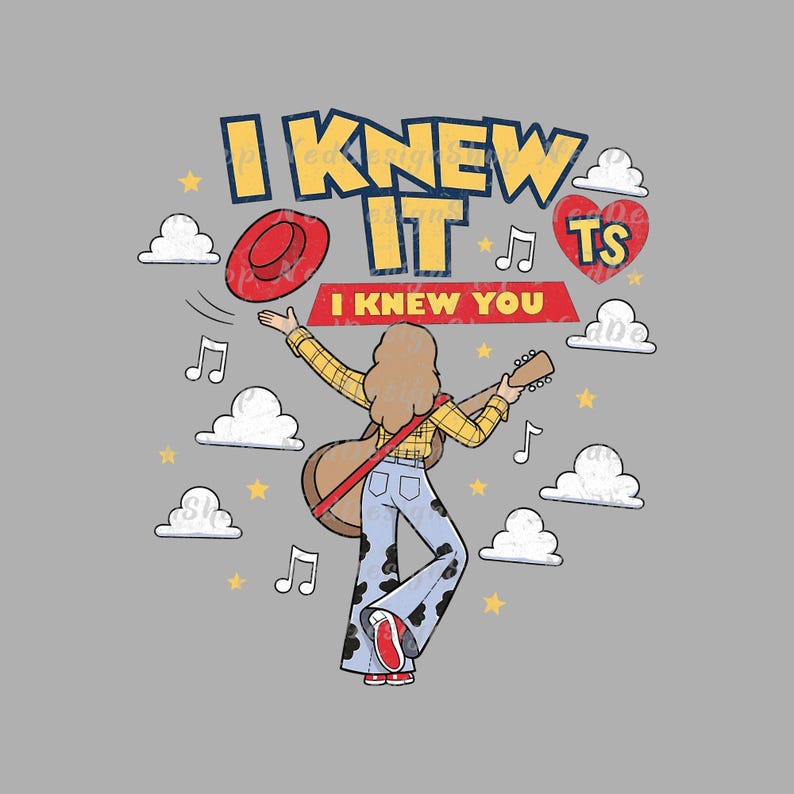 May include: A graphic illustration featuring a person with long hair wearing a yellow plaid shirt and cow-print bell-bottom pants, holding a guitar. The text reads I KNEW IT and I KNEW YOU, accompanied by a red hat, a red heart with TS, clouds, and music notes.