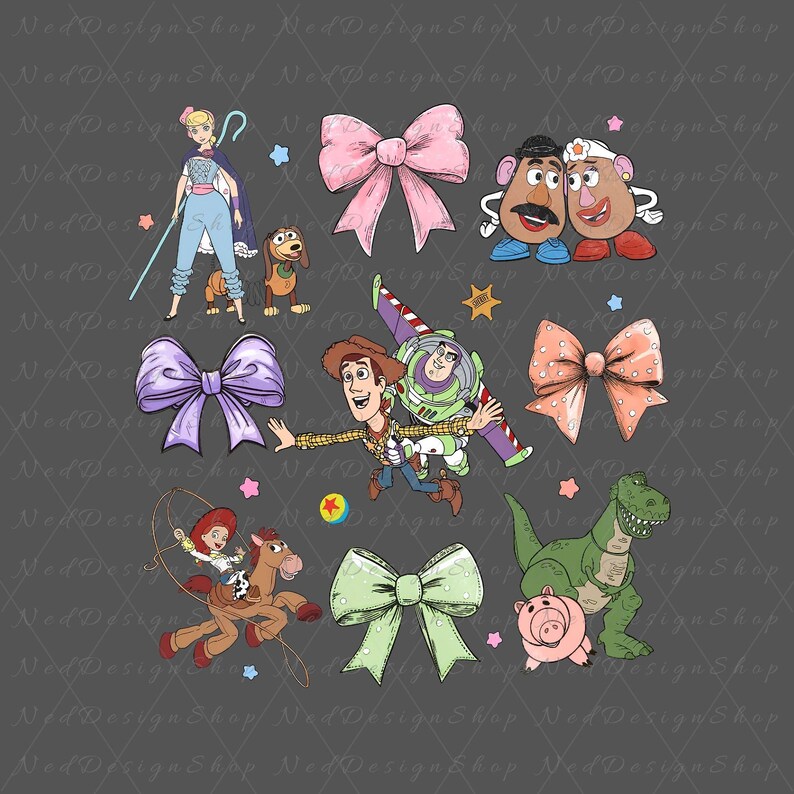 May include: A collection of colorful illustrations featuring characters and bows from the Toy Story franchise. Includes Woody, Buzz Lightyear, Bo Peep, Mr. and Mrs. Potato Head, Rex, Hamm, Jessie, and Slinky Dog. Various bows in pink, purple, and green are also shown.