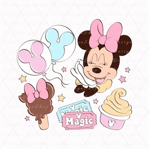 Könnte beinhalten: Eine Cartoon-Illustration von Minnie Maus mit einer rosa Schleife, zwei rosa und blauen Ballons mit Mickey-Maus-Ohren, einem Schokoladen-Mickey-Maus-Eis am Stiel, einem rosa und gelben Eisbecher und zwei rosa und blauen Tickets mit dem Text "Magic" darauf.