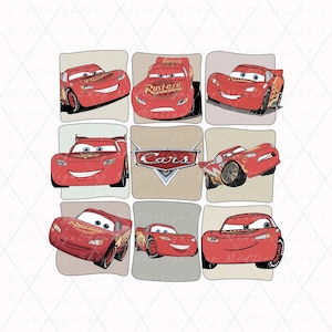 May include: A grid of nine images featuring the red race car Lightning McQueen from the animated movie "Cars." Each image shows McQueen in different poses, with the "Cars" logo in the center. The background is a light beige.