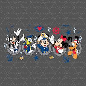 May include: A colorful illustration of Mickey Mouse, Minnie Mouse, Donald Duck, Goofy, and Pluto dressed as sailors. They are all looking out of porthole windows. The background is a gray color with a nautical theme.