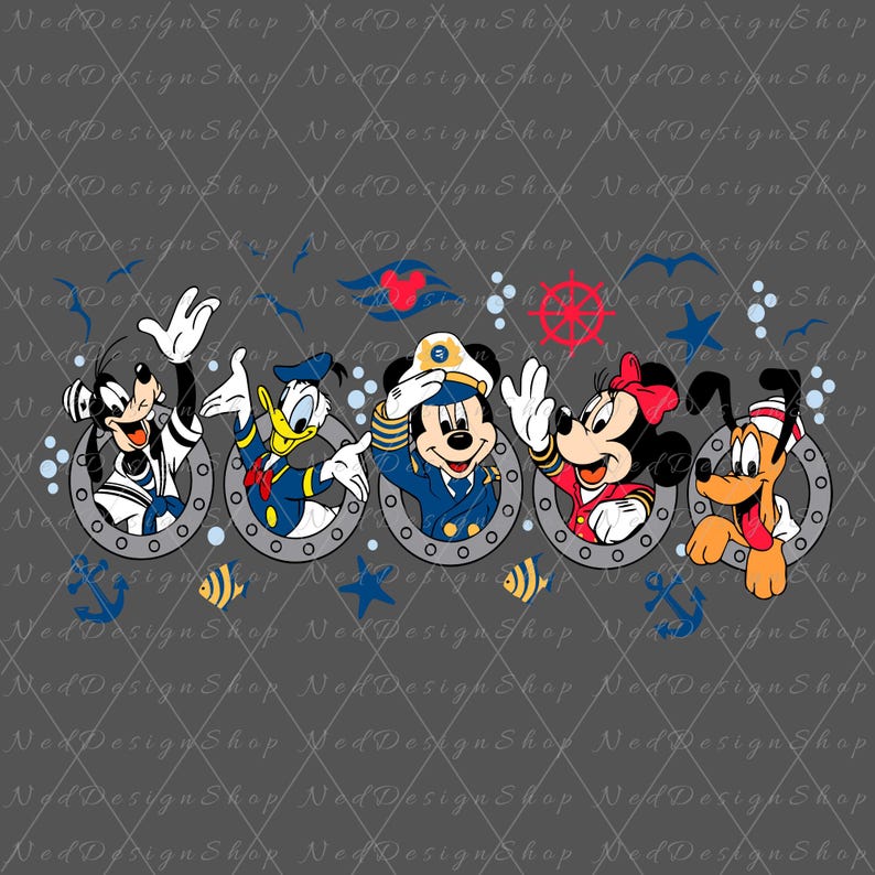 May include: A colorful illustration of Mickey Mouse, Minnie Mouse, Donald Duck, Goofy, and Pluto dressed as sailors. They are all looking out of porthole windows. The background is a gray color with a nautical theme.