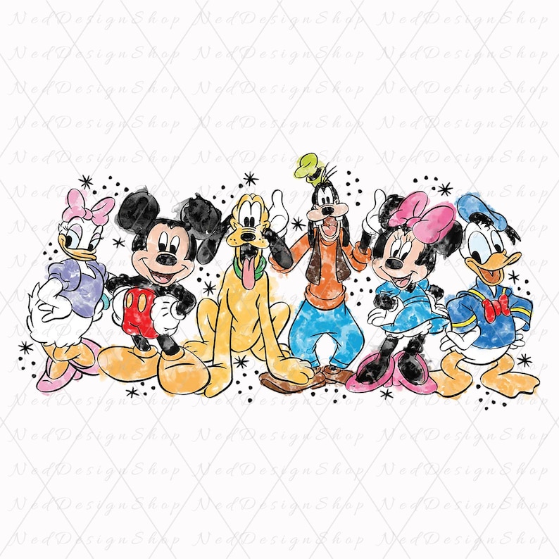 Puede incluir: Ilustraci&oacute;n al estilo acuarela con los personajes de Disney: Daisy, Mickey Mouse, Pluto, Goofy, Minnie Mouse y Donald. Cada personaje se muestra con sus colores y expresiones distintivas, sobre un fondo blanco.