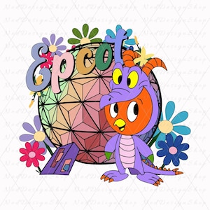 Puede incluir: Un dragón de dibujos animados morado y naranja con un sombrero que dice "Epcot" en letras de colores. El dragón está de pie frente a una esfera geométrica colorida con flores alrededor.