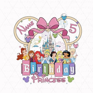 May include: A colorful graphic featuring Disney princesses, a castle, and the words "Birthday Princess." A pink bow and Mickey Mouse ears frame the design, with space for a name and the number 5. Fireworks and Tinkerbell add to the festive theme.