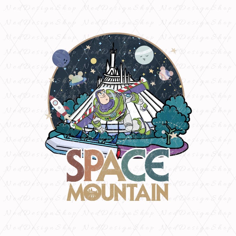 May include: A colorful graphic featuring Buzz Lightyear in front of Space Mountain. The design includes a rocket, planets, stars, and the words "SPACE MOUNTAIN" in a retro font. The background is a dark blue with a circular border.