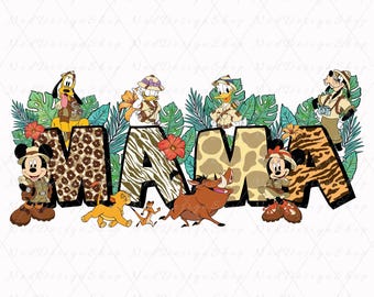 May include: A colourful graphic design featuring the word "MAMA" with a jungle theme. The letters are decorated with animal print patterns and surrounded by tropical leaves. Mickey Mouse, Donald Duck, Goofy, Simba, and Pumbaa are featured in the design.