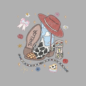 May include: A graphic illustration featuring a cowboy boot with a cow print pattern, a red hat, and a sole labelled TAYLOR. Includes blocks with the letters T, S, and the number 13, a beaded bracelet with the text I KNEW IT Y I KNEW YOU, and floral accents.