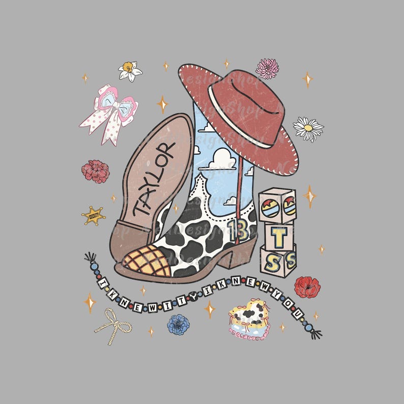 May include: A graphic illustration featuring a cowboy boot with a cow print pattern, a red hat, and a sole labelled TAYLOR. Includes blocks with the letters T, S, and the number 13, a beaded bracelet with the text I KNEW IT Y I KNEW YOU, and floral accents.