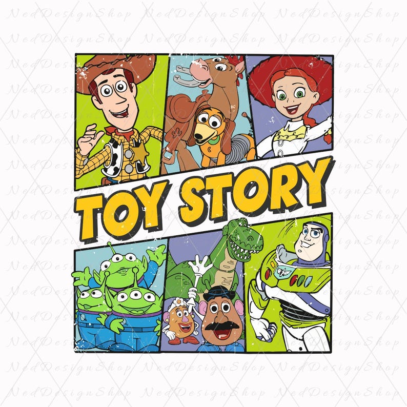 May include: A colorful comic book style illustration featuring characters from the Toy Story franchise. The characters include Woody, Buzz Lightyear, Jessie, Rex, and the aliens. The title "TOY STORY" is written in large yellow letters.