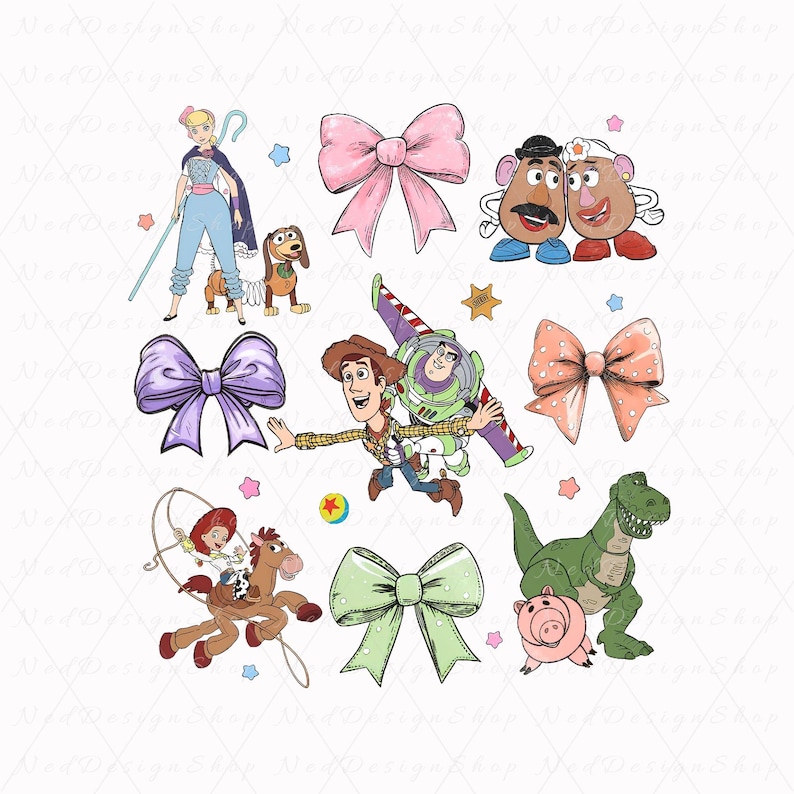 May include: A collection of colorful cartoon illustrations featuring characters and bows. The characters include Woody, Buzz Lightyear, Bo Peep, and Mr. and Mrs. Potato Head. The bows are in various colors, including pink, purple, and green.