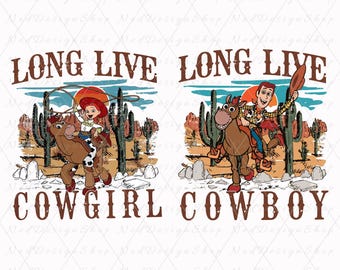 May include: A digital design featuring two cartoon characters, a cowboy and a cowgirl, riding horses in a desert landscape. The text "Long Live Cowboy" and "Long Live Cowgirl" is displayed above the characters.