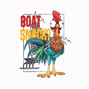 May include: A cartoon rooster with large eyes and a red comb, with a blue, green, and yellow tail. The rooster is standing in front of a black and white image of a boat with the text "BOAT SNACK?" in yellow and red letters.