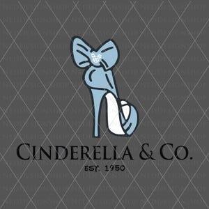 May include: A blue glass slipper with a white heel and a blue bow. The text "Cinderella & Co." and "Est. 1950" are below the slipper.