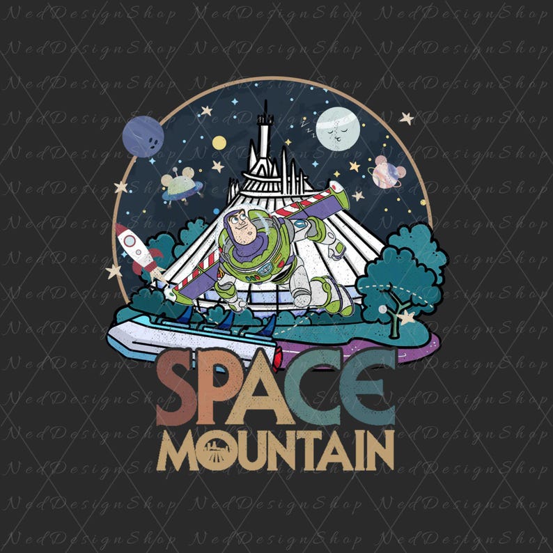 May include: A colorful graphic featuring Buzz Lightyear in front of Space Mountain, with planets, stars, and a rocket. The words "SPACE MOUNTAIN" are displayed in a vintage style. The design is set against a dark background.