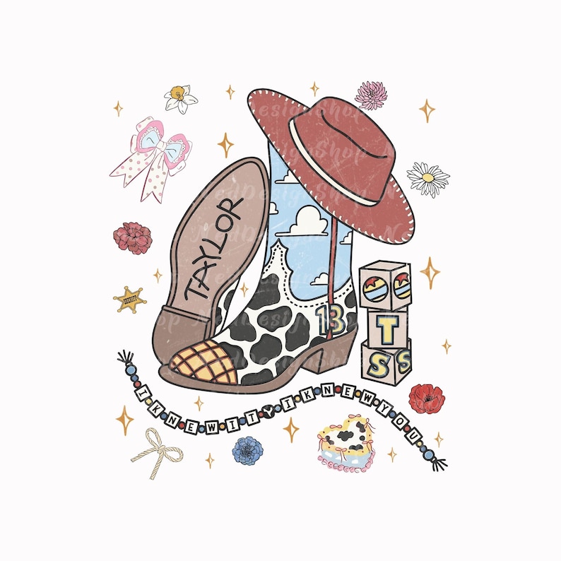 May include: A graphic illustration featuring a cowboy boot with a cow print pattern, a blue sky with clouds, and the number 13. A red cowboy hat rests on the boot. Includes alphabet blocks spelling BTS, a beaded bracelet reading I KNEW IT, and flowers.
