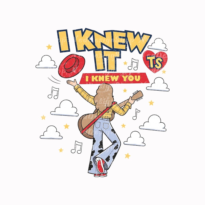 May include: A graphic illustration featuring a person with long hair wearing a yellow plaid shirt and blue cow-print bell-bottom jeans, holding a guitar. Text reads I KNEW IT I KNEW YOU TS, accompanied by a red hat, a red heart, clouds, and stars.