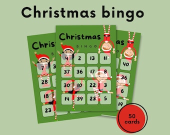 May include: Three green Christmas bingo cards with festive illustrations and numbers. The cards feature elves and Santa Claus figures. The text "Christmas bingo" is at the top, and a red circle indicates 50 cards.