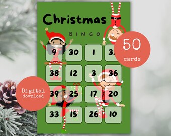 May include: A green Christmas Bingo card with elf illustrations and the text "Christmas BINGO." The card features numbered squares and two red circles with the text "Digital download" and "50 cards."