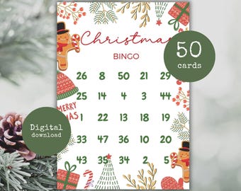 May include: A Christmas Bingo card with a festive design. The card features a red and green color scheme with gingerbread men, Christmas trees, and gift illustrations. The text "Christmas Bingo" is displayed at the top, with the numbers arranged in a grid. The card is labeled "50 cards" and "Digital download".